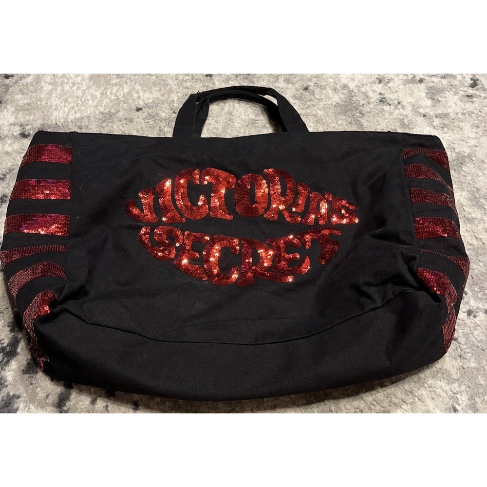 Victorias Secret Womens Large Tote Bag Red Lips Black Red Sequin Bling New